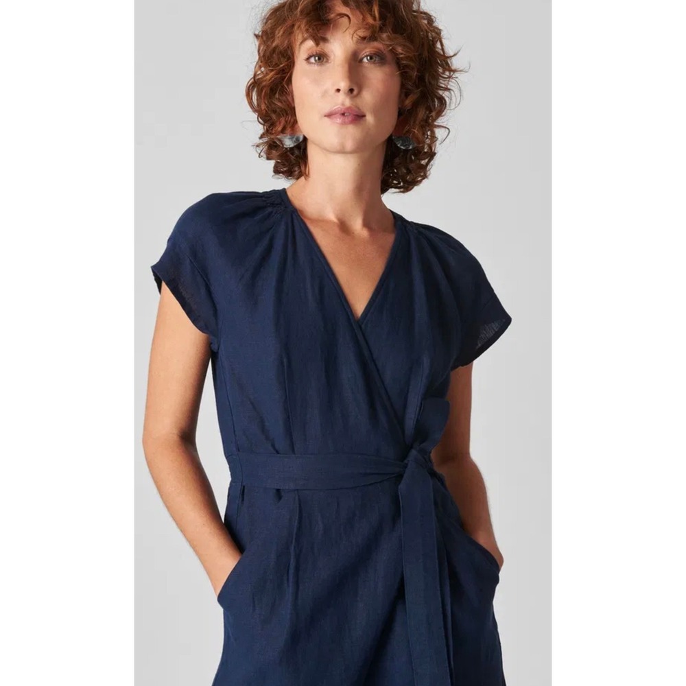 Whistles Etta Jumpsuit Women US 0 Blue Linen Wrap Tie Waist Wide Leg Cap Sleeve - Picture 5 of 16